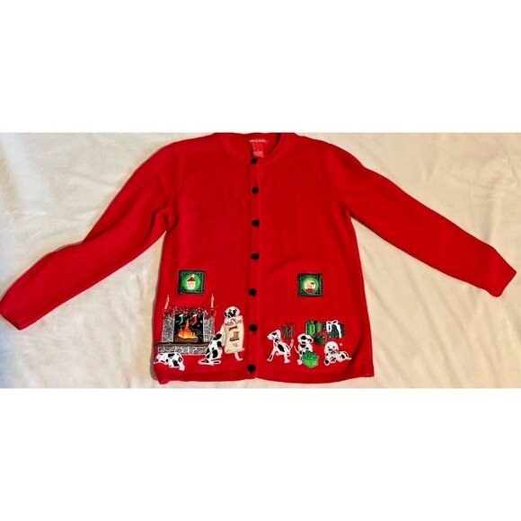 Merry & Bright Christmas Dalmatian Dog Button Up Cardigan Sweater sz M - Picture 1 of 8